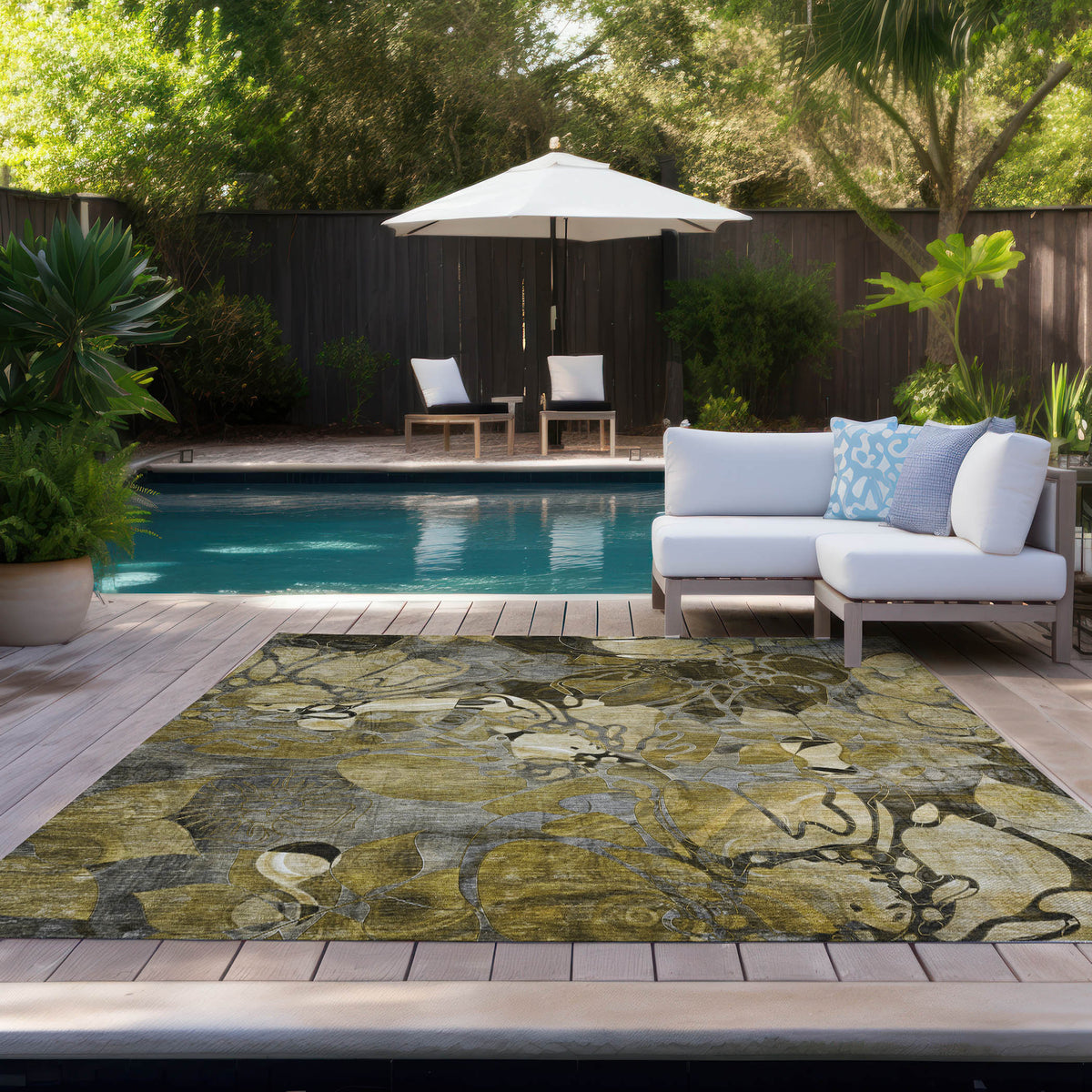 3' X 5' Green and Brown Floral Washable Non Skid Indoor Outdoor Area Rug