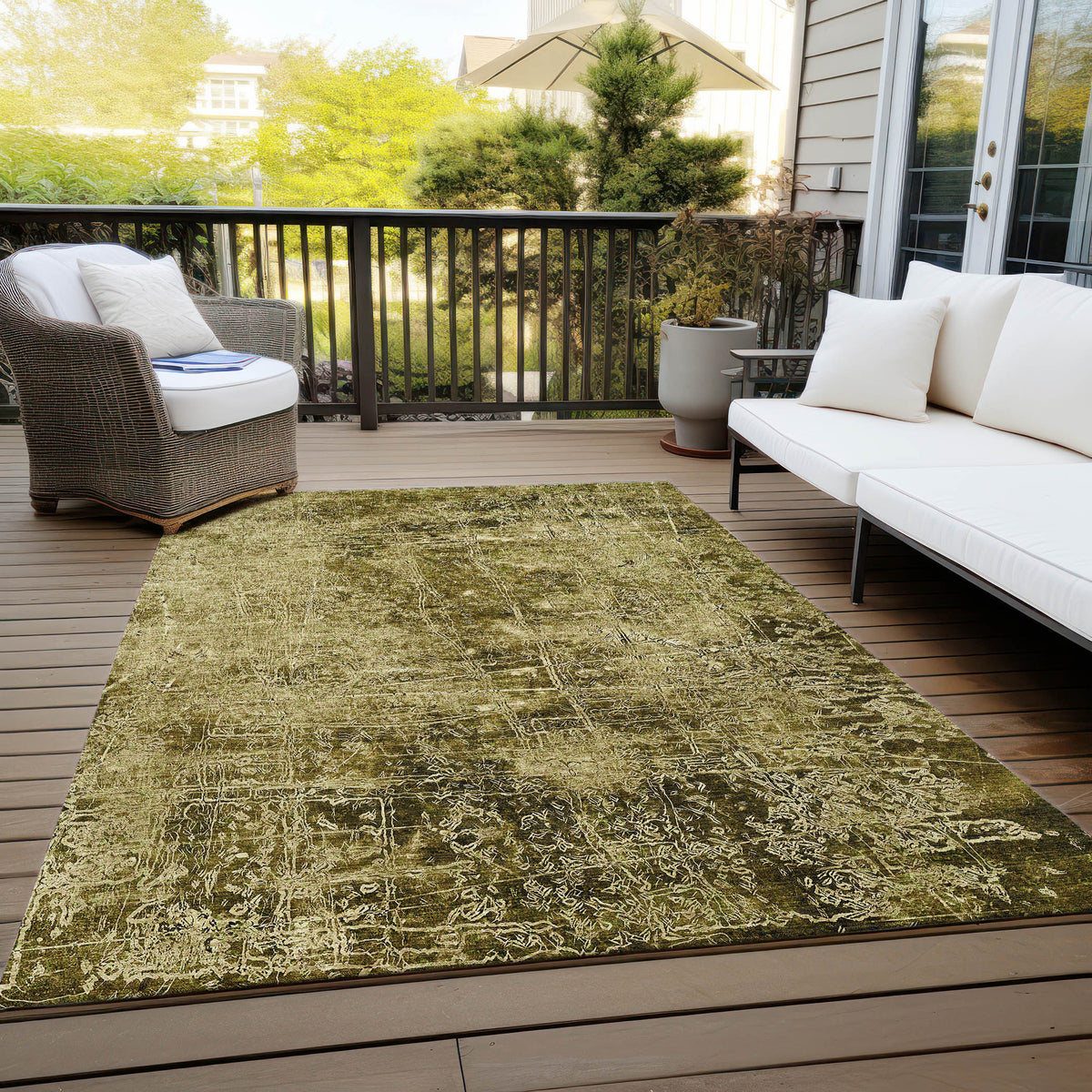 5' X 8' Green Abstract Washable Non Skid Indoor Outdoor Area Rug