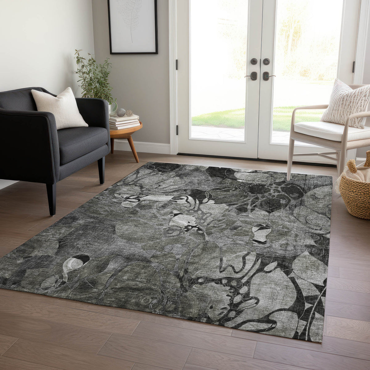 3' X 4' Gray Floral Washable Non Skid Indoor Outdoor Area Rug