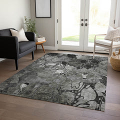 3' X 4' Gray Floral Washable Non Skid Indoor Outdoor Area Rug