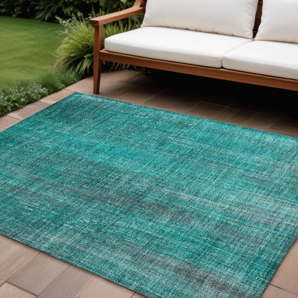 10' X 14' Teal Striped Washable Non Skid Indoor Outdoor Area Rug