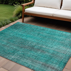 10' X 14' Teal Striped Washable Non Skid Indoor Outdoor Area Rug