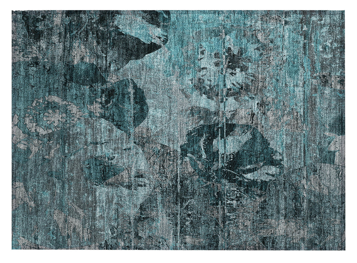 2' X 3' Teal and Gray Floral Washable Non Skid Indoor Outdoor Area Rug