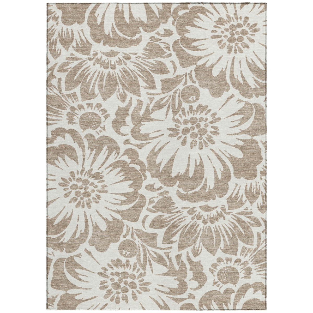 10' X 14' Taupe and Ivory Floral Washable Non Skid Indoor Outdoor Area Rug