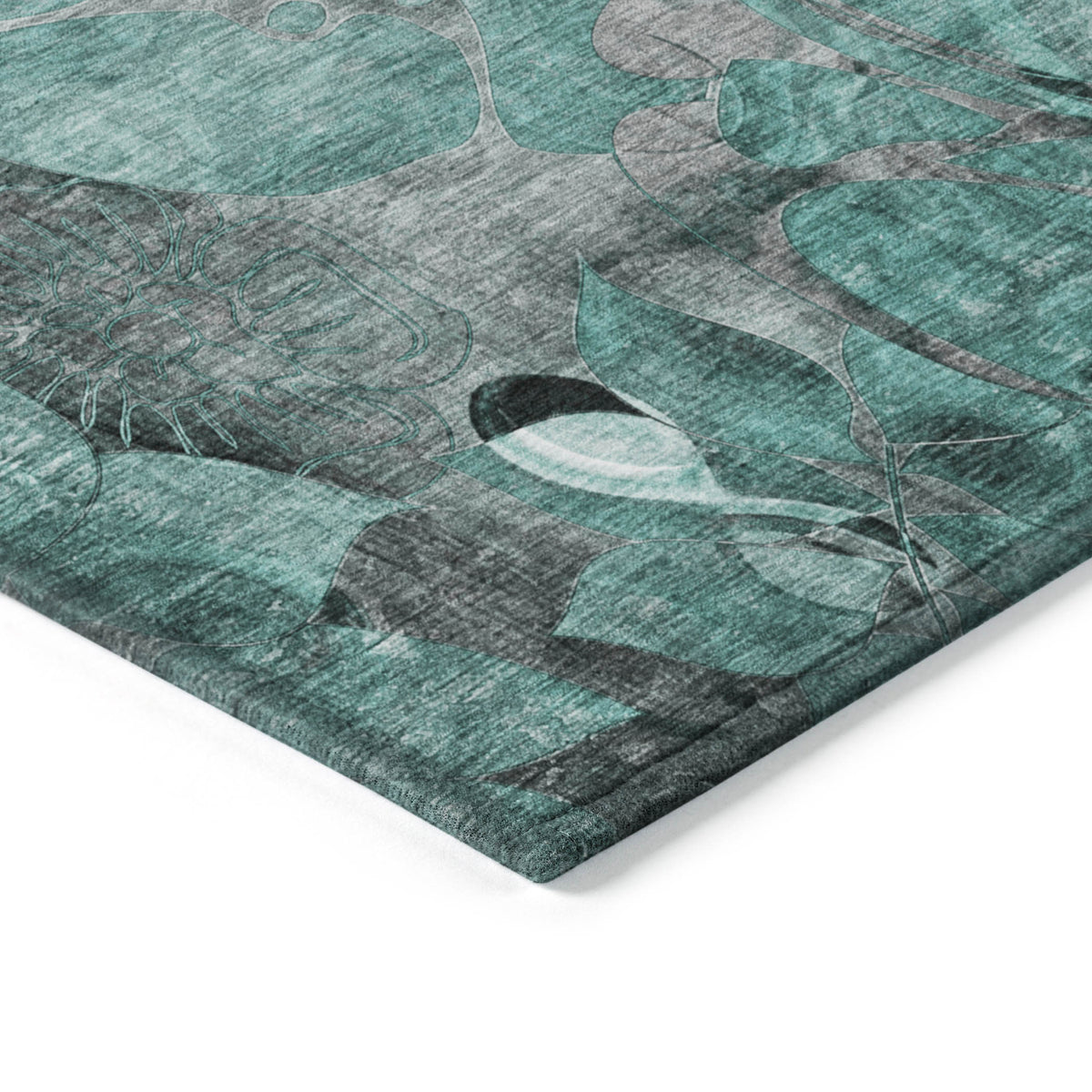 3' X 5' Teal Black and Gray Floral Washable Non Skid Indoor Outdoor Area Rug