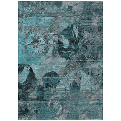 10' X 14' Teal and Gray Floral Washable Non Skid Indoor Outdoor Area Rug