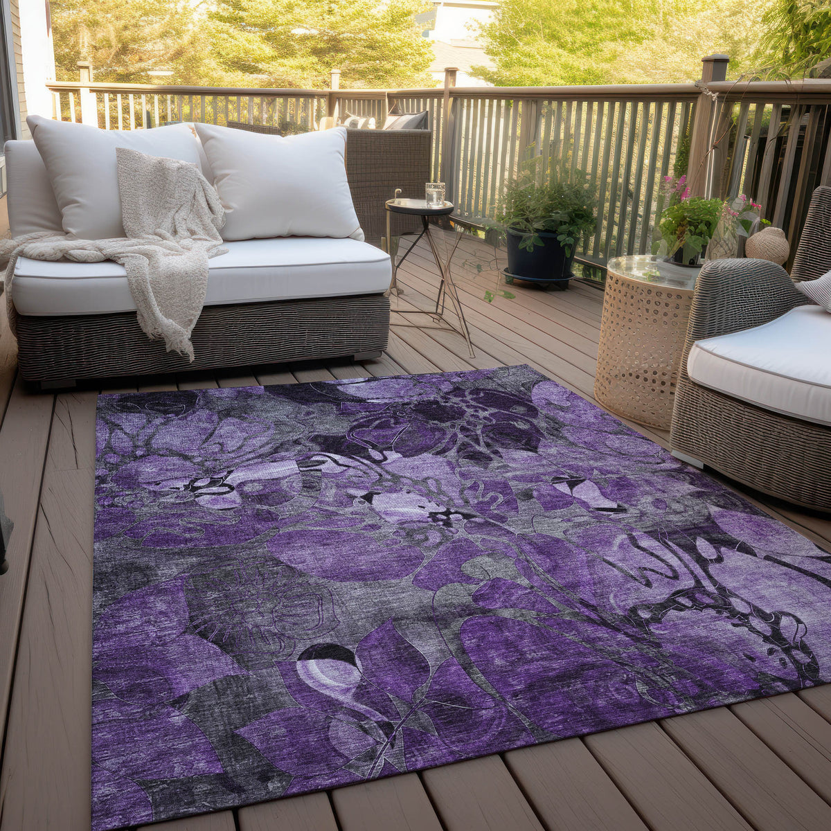 9' X 12' Purple Floral Washable Non Skid Indoor Outdoor Area Rug