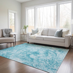 10' X 14' Teal Abstract Washable Non Skid Indoor Outdoor Area Rug
