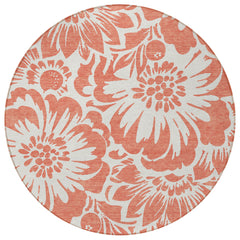 8' Round Salmon and Ivory Round Floral Washable Non Skid Indoor Outdoor Area Rug