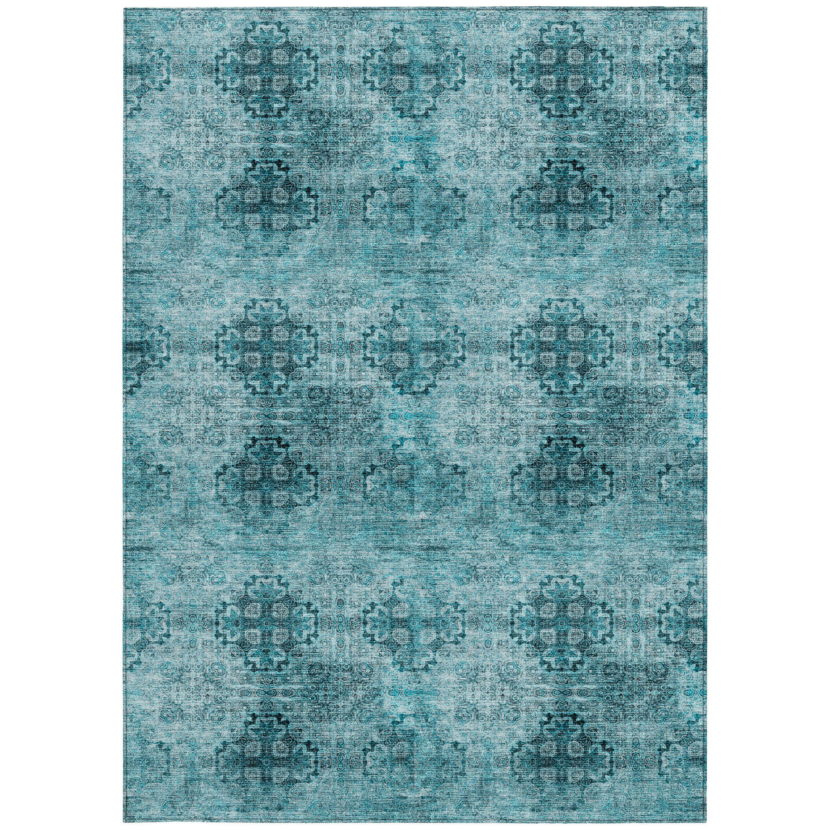 8' X 10' Teal Floral Medallion Washable Non Skid Indoor Outdoor Area Rug