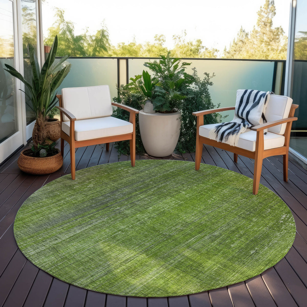 8' Round Green Round Striped Washable Non Skid Indoor Outdoor Area Rug