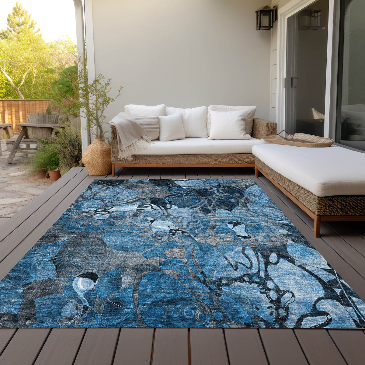 3' X 4' Blue and Gray Floral Washable Non Skid Indoor Outdoor Area Rug