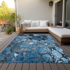 3' X 4' Blue and Gray Floral Washable Non Skid Indoor Outdoor Area Rug