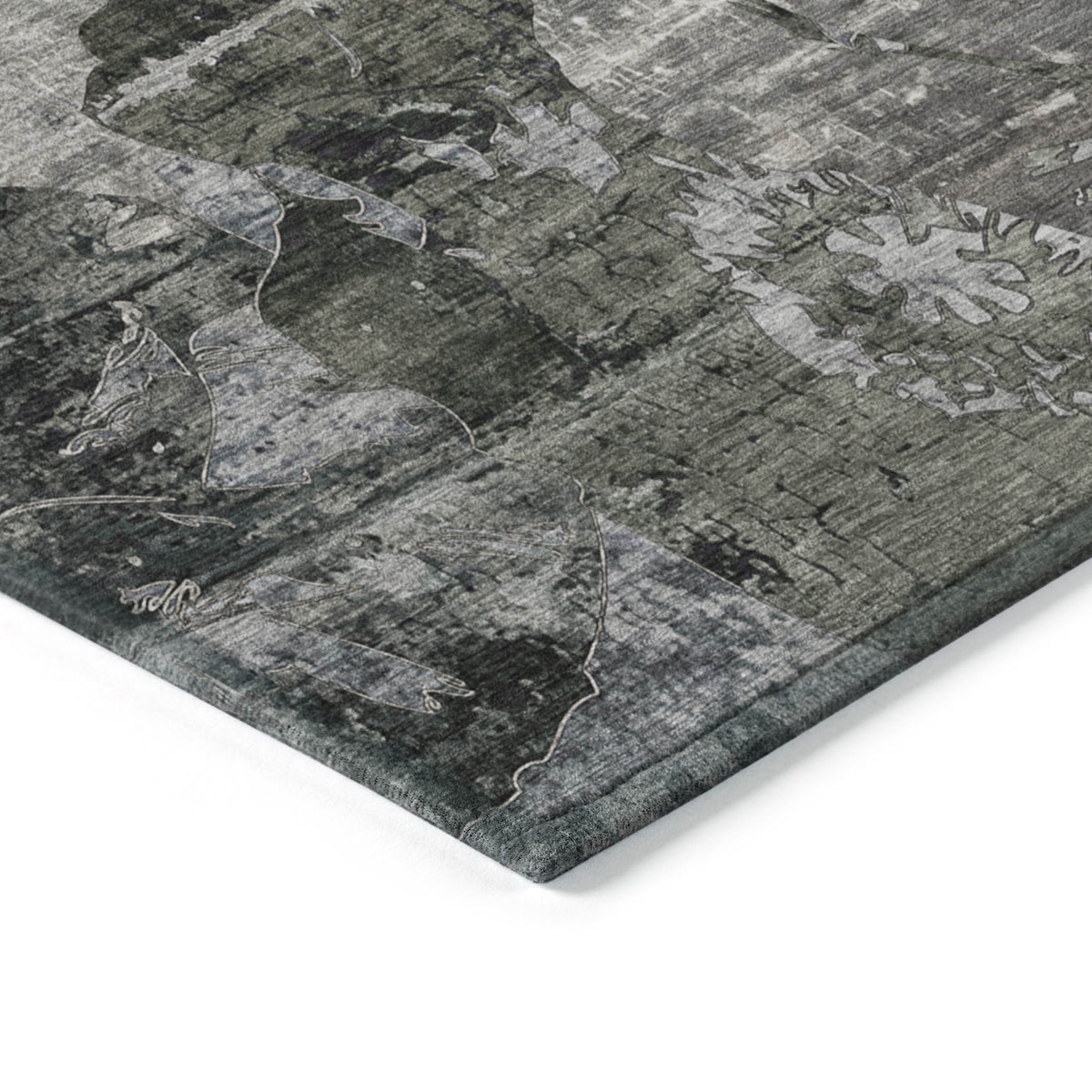 5' X 8' Gray Dark Green and Black Floral Washable Non Skid Indoor Outdoor Area Rug