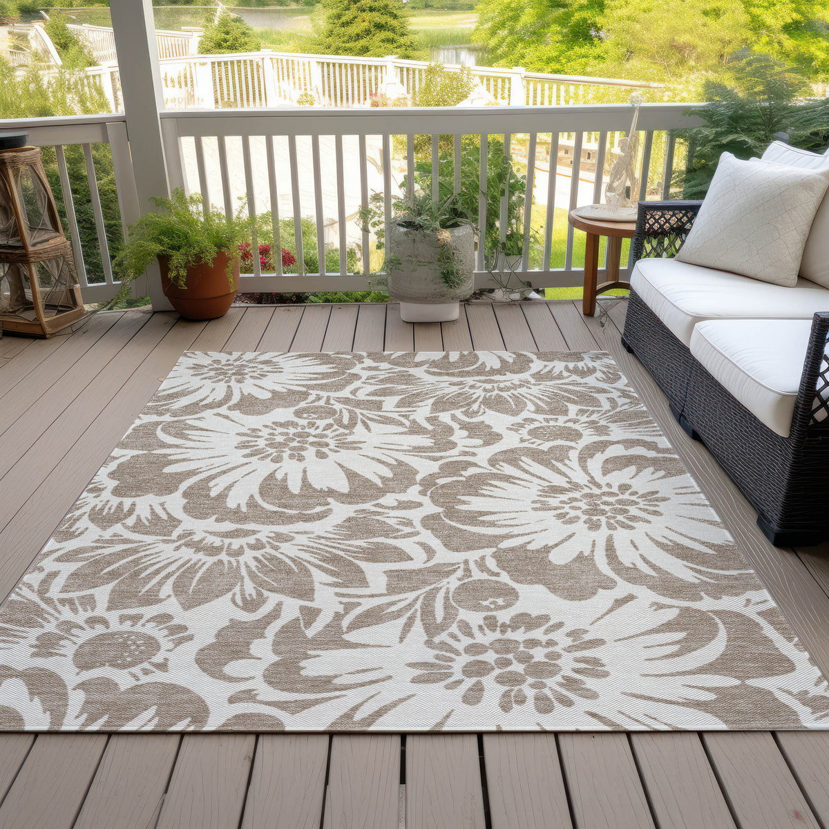 9' X 12' Taupe and Ivory Floral Washable Non Skid Indoor Outdoor Area Rug