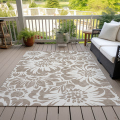 9' X 12' Taupe and Ivory Floral Washable Non Skid Indoor Outdoor Area Rug