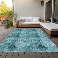 5' X 8' Teal Floral Medallion Washable Non Skid Indoor Outdoor Area Rug