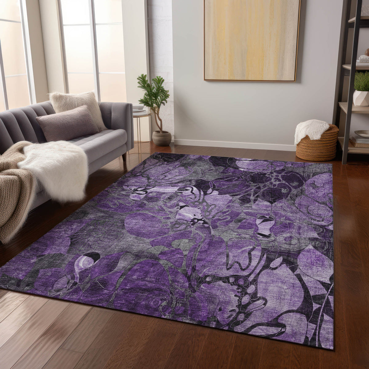 10' X 14' Purple Floral Washable Non Skid Indoor Outdoor Area Rug