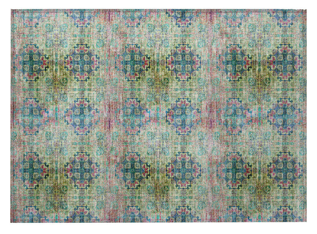 2' X 3' Blue and Green Floral Medallion Washable Non Skid Indoor Outdoor Area Rug