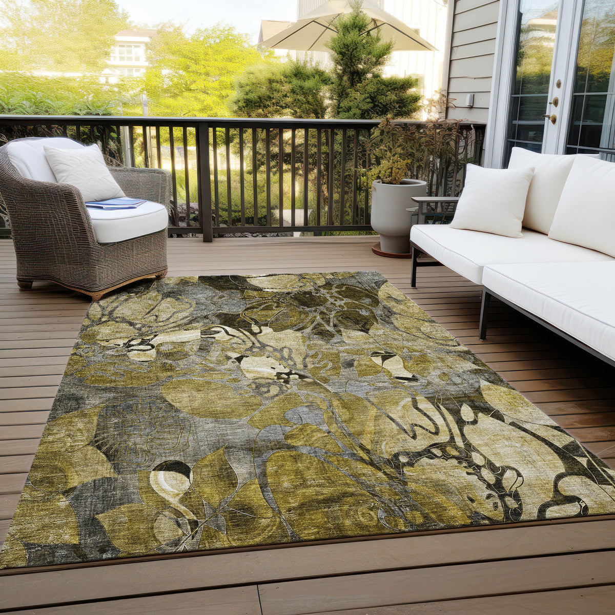 5' X 8' Green and Brown Floral Washable Non Skid Indoor Outdoor Area Rug