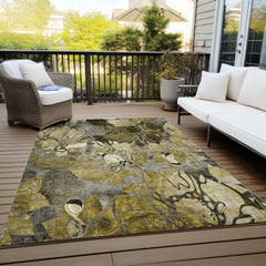 5' X 8' Green and Brown Floral Washable Non Skid Indoor Outdoor Area Rug