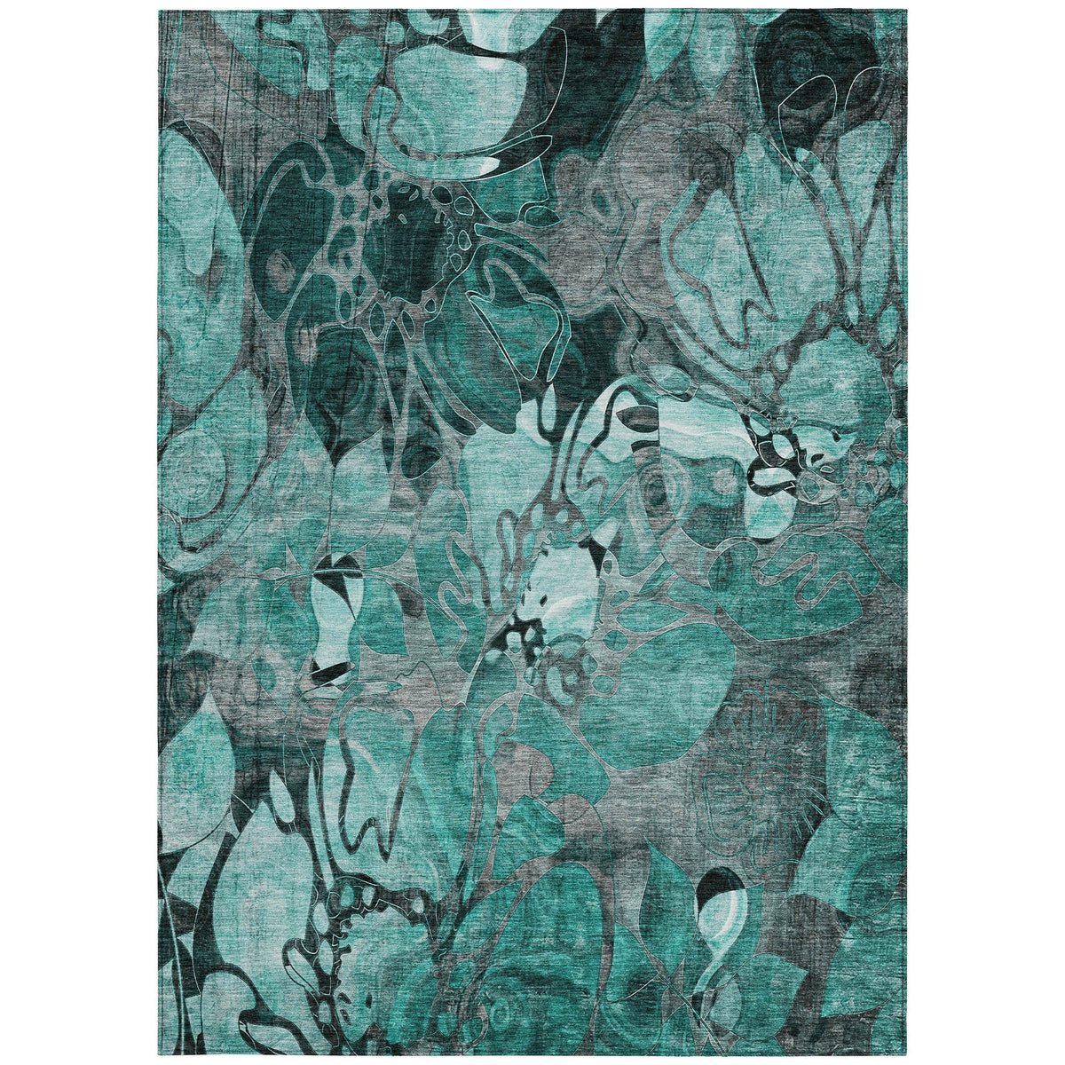 3' X 4' Teal Black and Gray Floral Washable Non Skid Indoor Outdoor Area Rug