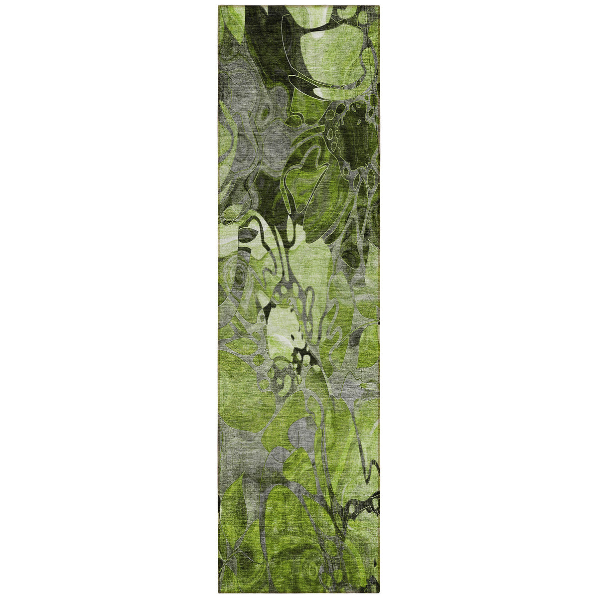 8' Runner Fern Green and Gray Floral Washable Non Skid Indoor Outdoor Runner Rug