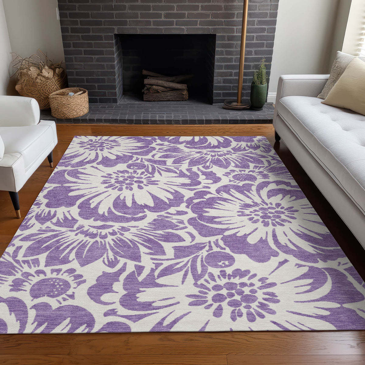10' X 14' Purple and Ivory Floral Washable Non Skid Indoor Outdoor Area Rug
