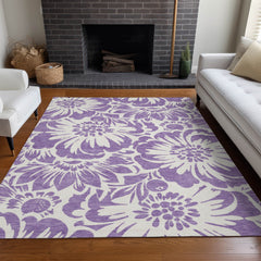 10' X 14' Purple and Ivory Floral Washable Non Skid Indoor Outdoor Area Rug