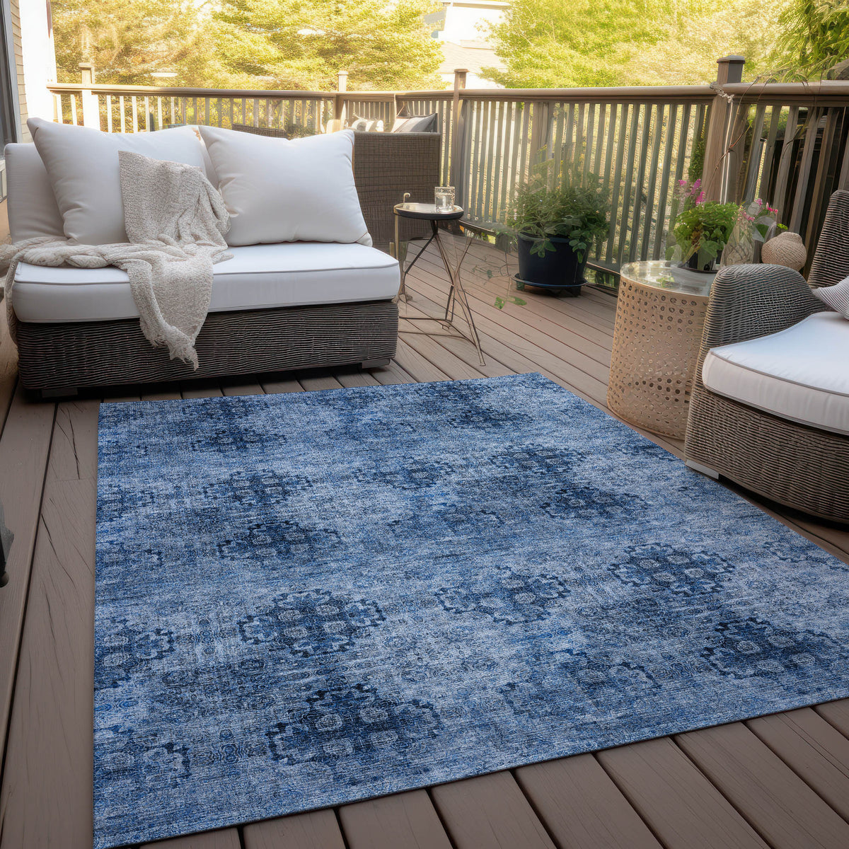 10' X 14' Navy Blue Floral Medallion Washable Non Skid Indoor Outdoor Area Rug