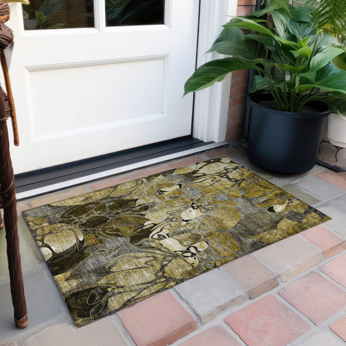 2' X 3' Green and Brown Floral Washable Non Skid Indoor Outdoor Area Rug