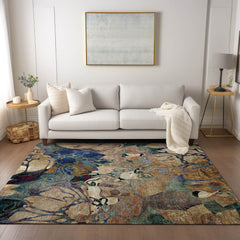 3' X 5' Beige and Blue Floral Washable Non Skid Indoor Outdoor Area Rug
