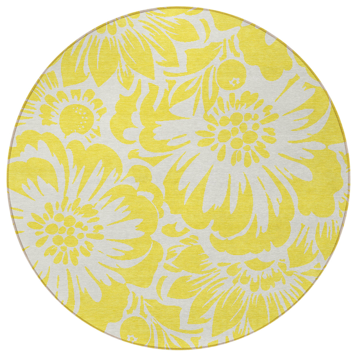 8' Round Yellow and Ivory Round Floral Washable Non Skid Indoor Outdoor Area Rug
