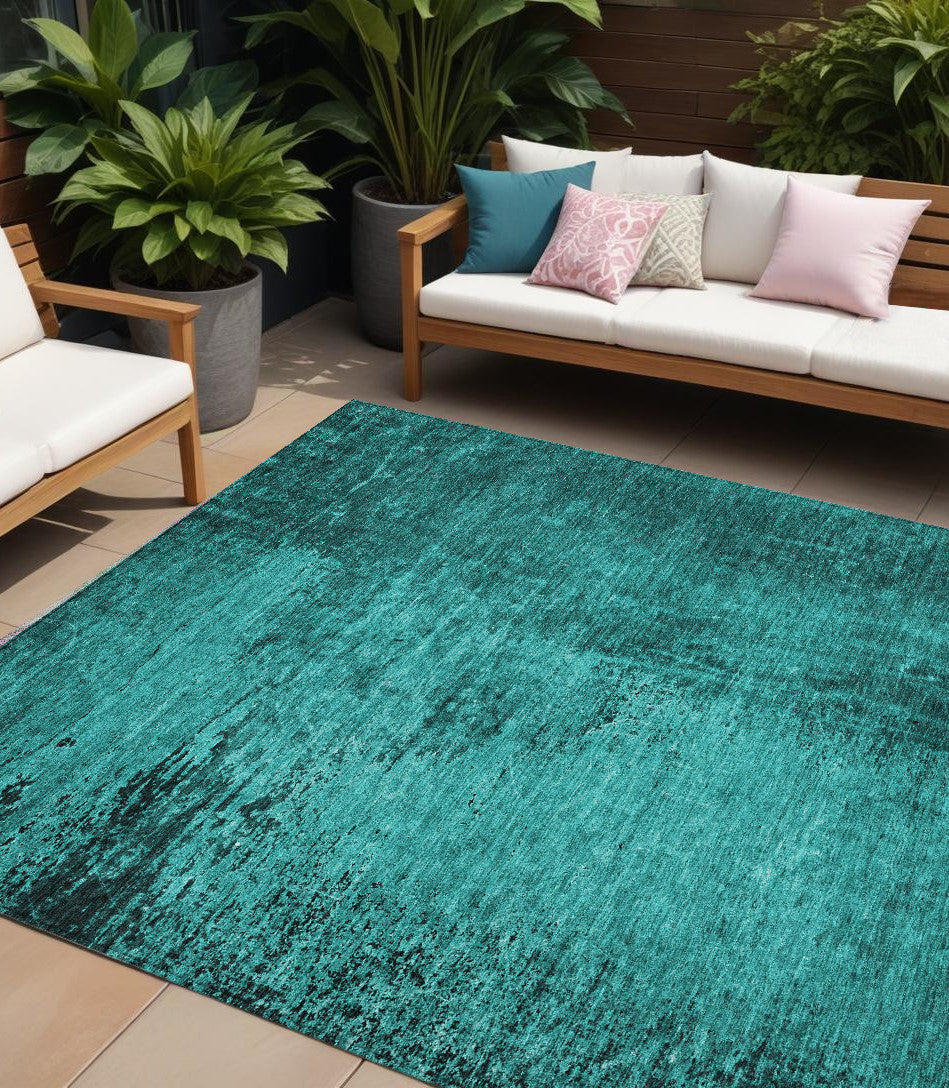 8' X 10' Teal Abstract Washable Non Skid Indoor Outdoor Area Rug