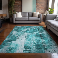 9' X 12' Teal Floral Washable Non Skid Indoor Outdoor Area Rug