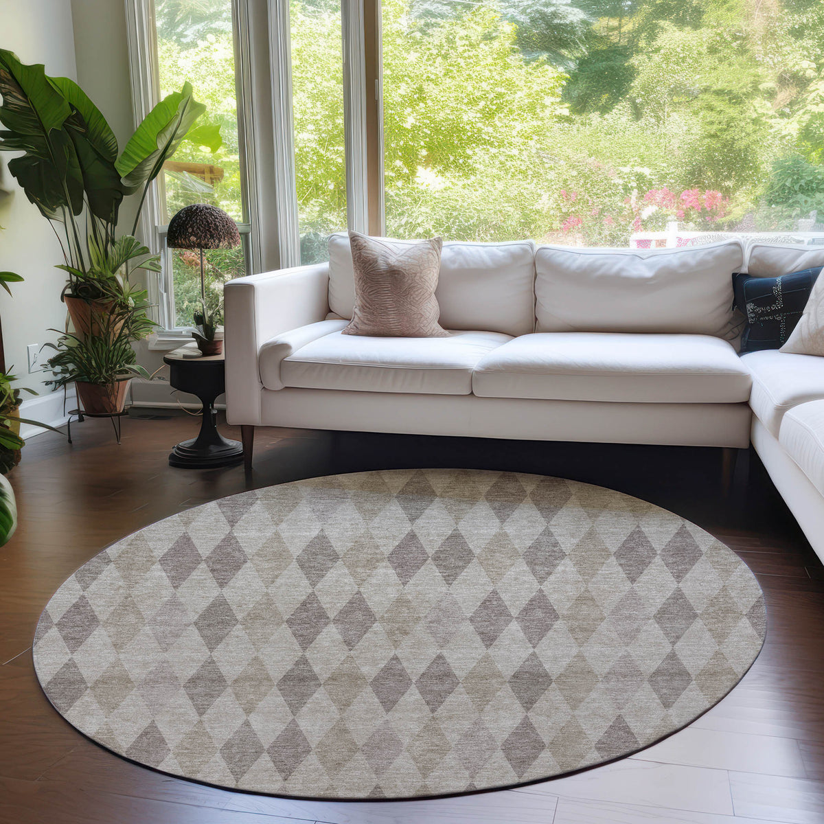 8' Round Beige Taupe and Brown Round Geometric Washable Non Skid Indoor Outdoor Area Rug