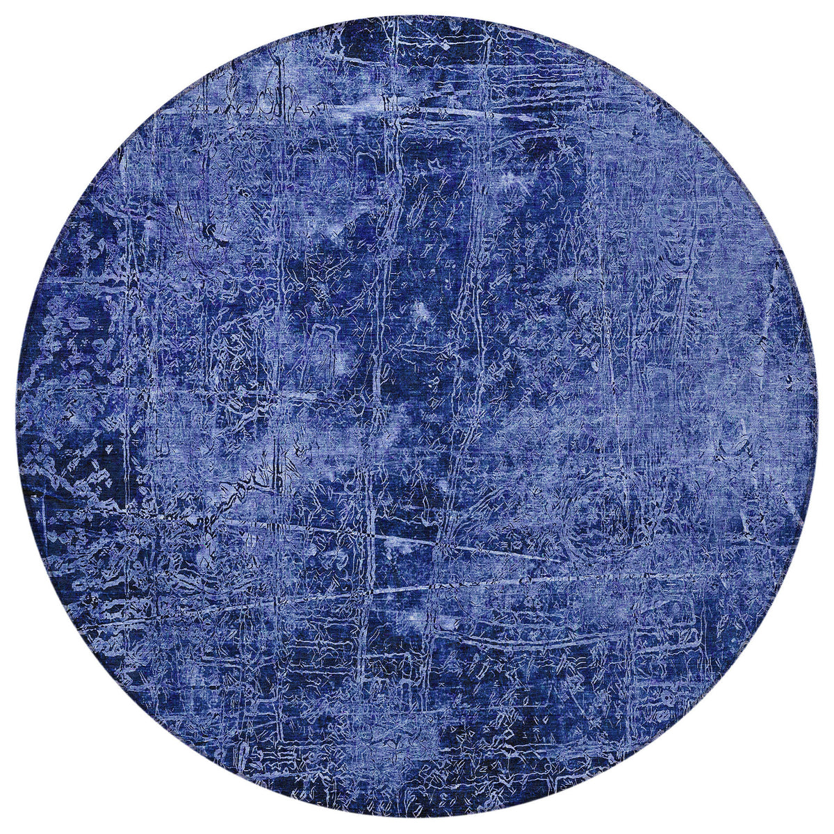 8' Round Navy Blue Round Abstract Washable Non Skid Indoor Outdoor Area Rug