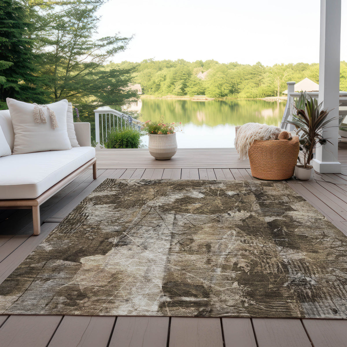 9' X 12' Taupe Floral Washable Non Skid Indoor Outdoor Area Rug