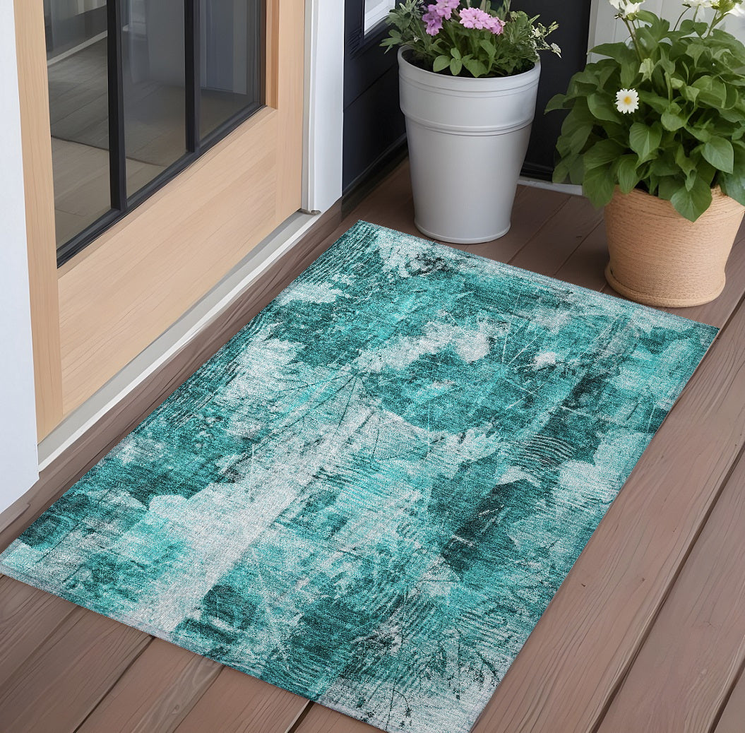 2' X 3' Teal Floral Washable Non Skid Indoor Outdoor Area Rug