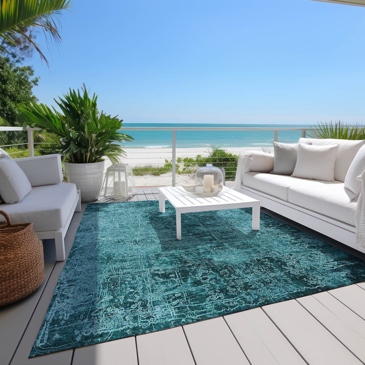 9' X 12' Teal Abstract Washable Non Skid Indoor Outdoor Area Rug