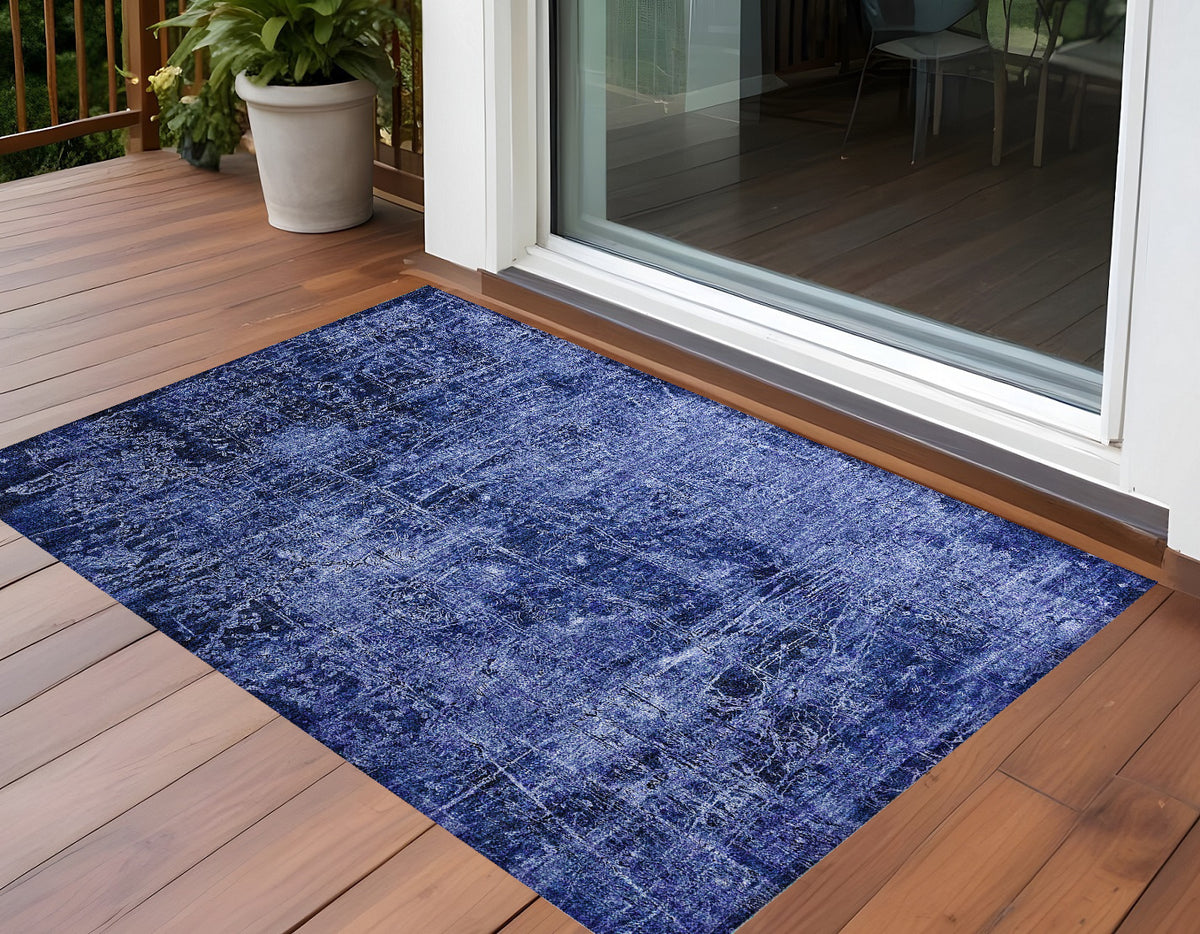 3' X 5' Navy Blue Abstract Washable Non Skid Indoor Outdoor Area Rug