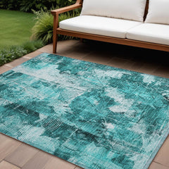 10' X 14' Teal Floral Washable Non Skid Indoor Outdoor Area Rug