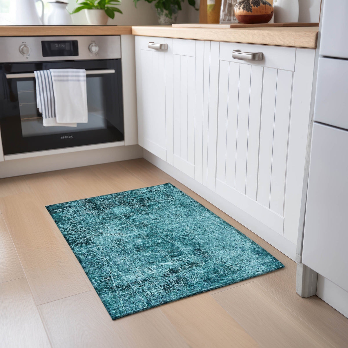 2' X 3' Teal Abstract Washable Non Skid Indoor Outdoor Area Rug