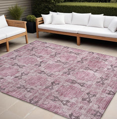 9' X 12' Pink Floral Medallion Washable Non Skid Indoor Outdoor Area Rug