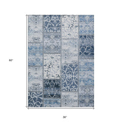 3' X 5' Denim Blue Patchwork Washable Non Skid Indoor Outdoor Area Rug