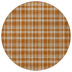 8' Round Orange and Ivory Round Plaid Washable Non Skid Indoor Outdoor Area Rug