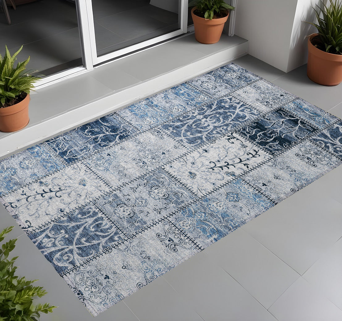 3' X 4' Denim Blue Patchwork Washable Non Skid Indoor Outdoor Area Rug