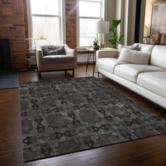 3' X 5' Gray and Black Floral Medallion Washable Non Skid Indoor Outdoor Area Rug