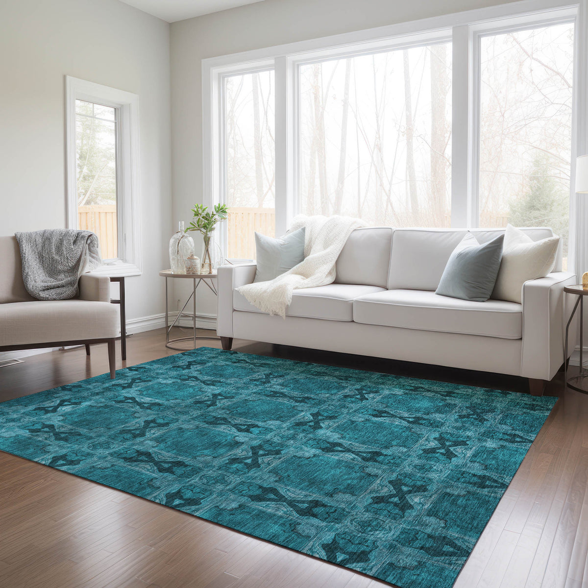 3' X 4' Teal Floral Medallion Washable Non Skid Indoor Outdoor Area Rug