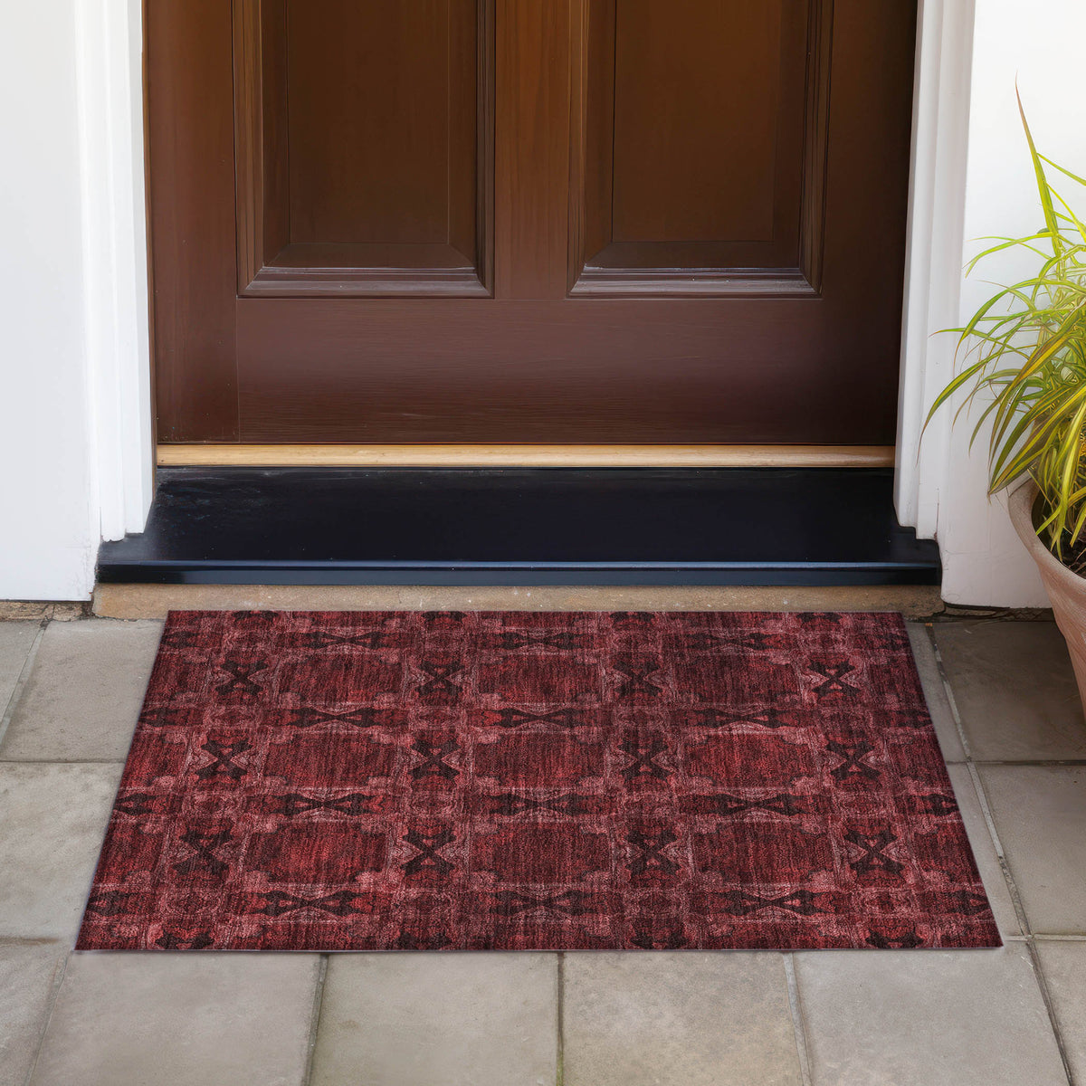 2' X 3' Burgundy and Black Floral Medallion Washable Non Skid Indoor Outdoor Area Rug